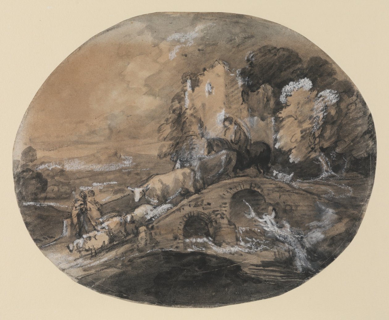 Wooded Landscape with Herdsman Driving Cattle Over a Bridge, Peasants and a Ruined Castle by Thomas Gainsborough