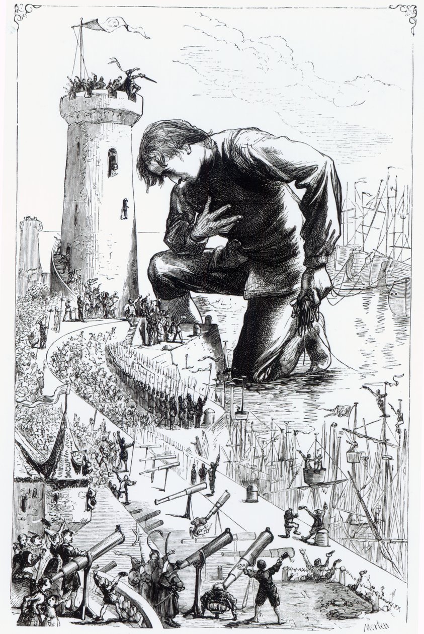 Gulliver Kneels Before the Lilliputians After Stealing the Blefuscudian Fleet, illustration from 