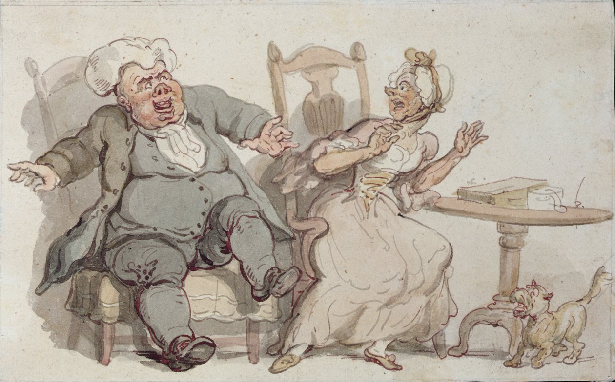 An Old Woman and Her Dog Startled by Male Company by Thomas Rowlandson