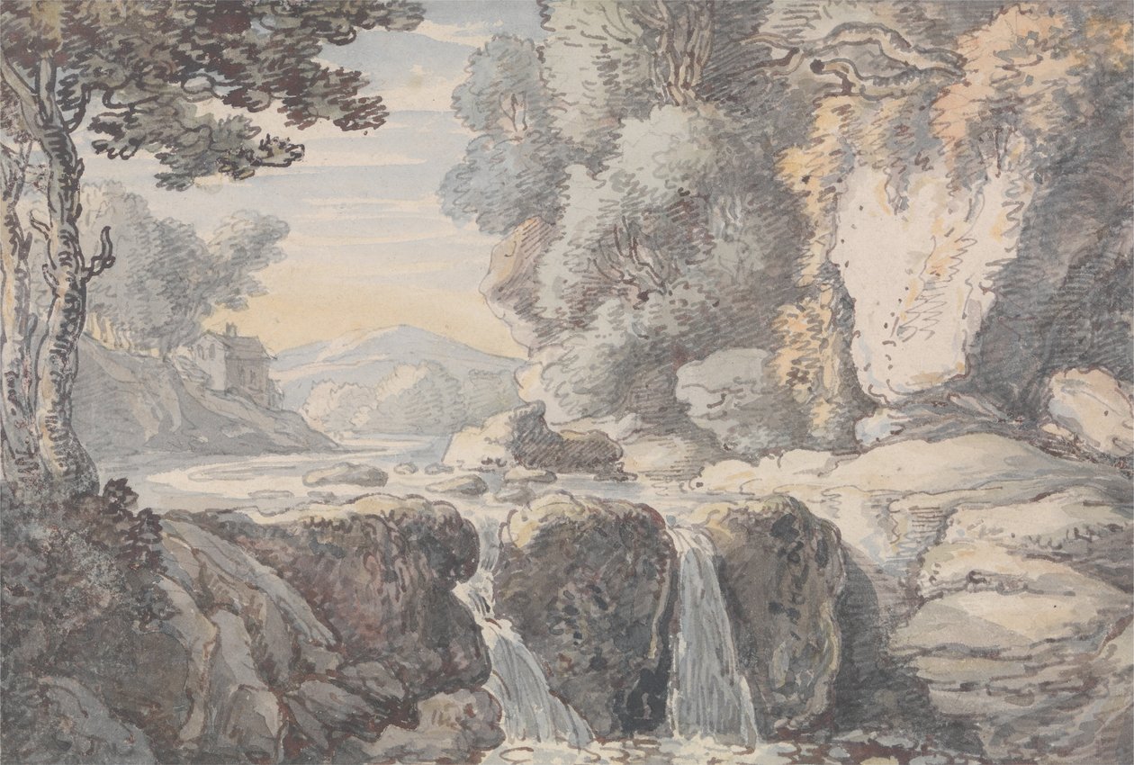 River Landscape with a Waterfall by Thomas Rowlandson