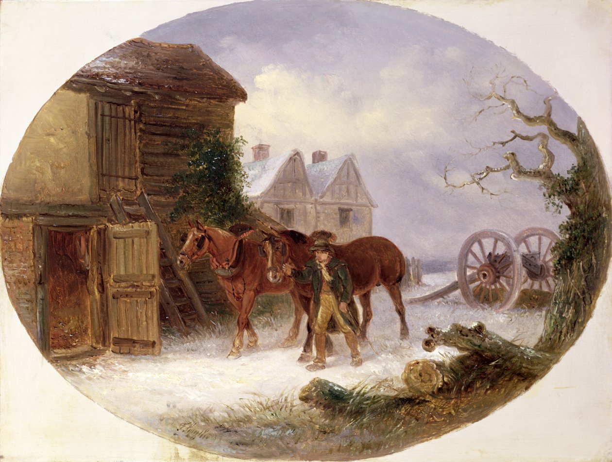 Boy Leading Horses to a Barn in the Snow by Thomas Smythe