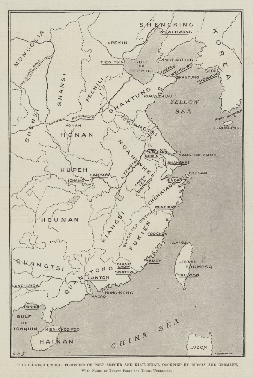 The Chinese Crisis, Positions of Port Arthur and Kiau-Chiau, Occupied by Russia and Germany, with Names of Treaty Ports and Towns Underlined by Thomas Sulman