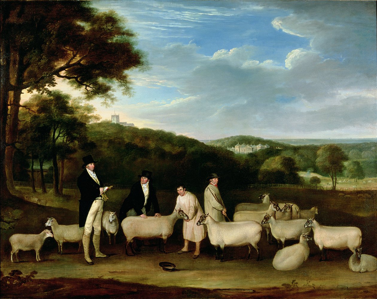 Portrait of Thomas William Coke, Esq. (1752-1842) inspecting some of his South Down sheep with Mr Walton and the Holkham shepherds by Thomas Weaver