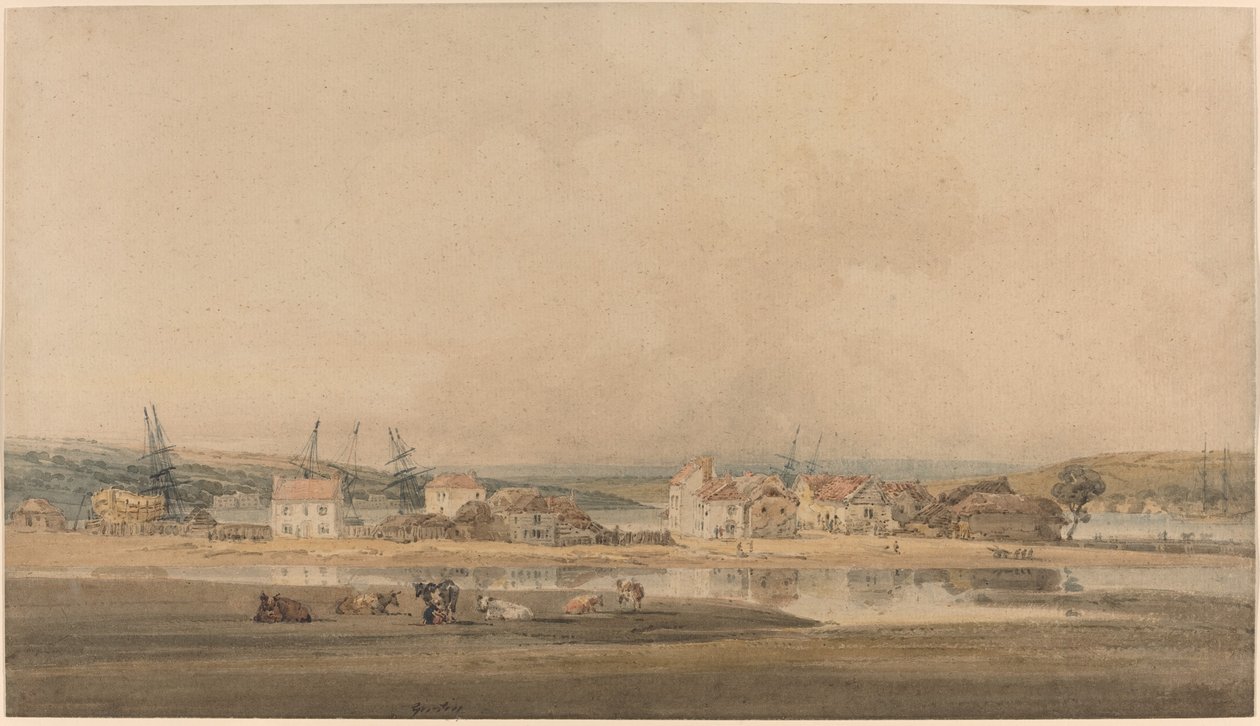 Village along a River Estuary in Devon by Thomas Girtin