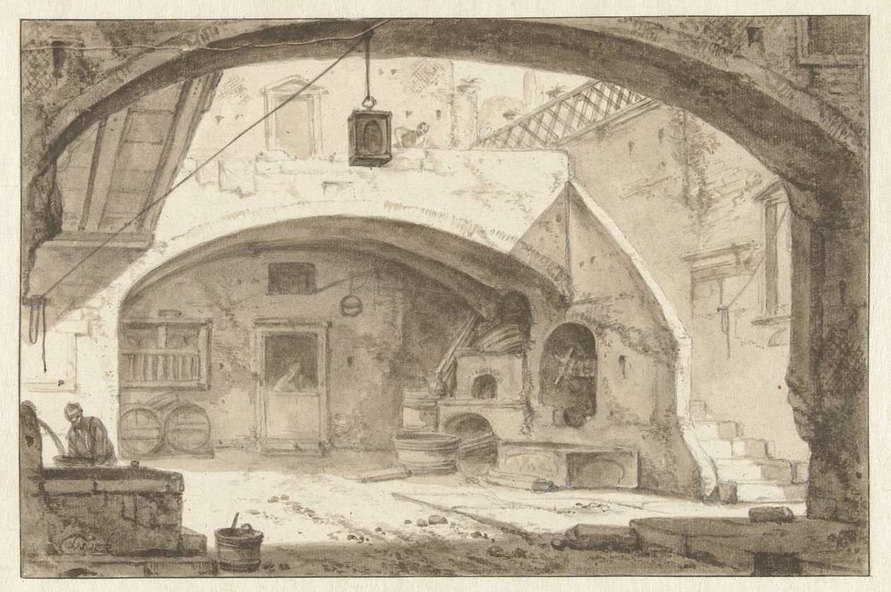 Italian Courtyard with a Bakery by Thomas Wijck