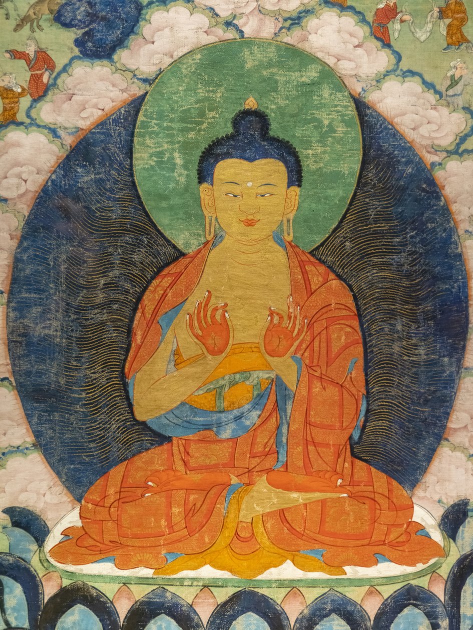Buddha and three Jakata: Mahakapi, Ruru, Shaabhamiga by Tibetan School