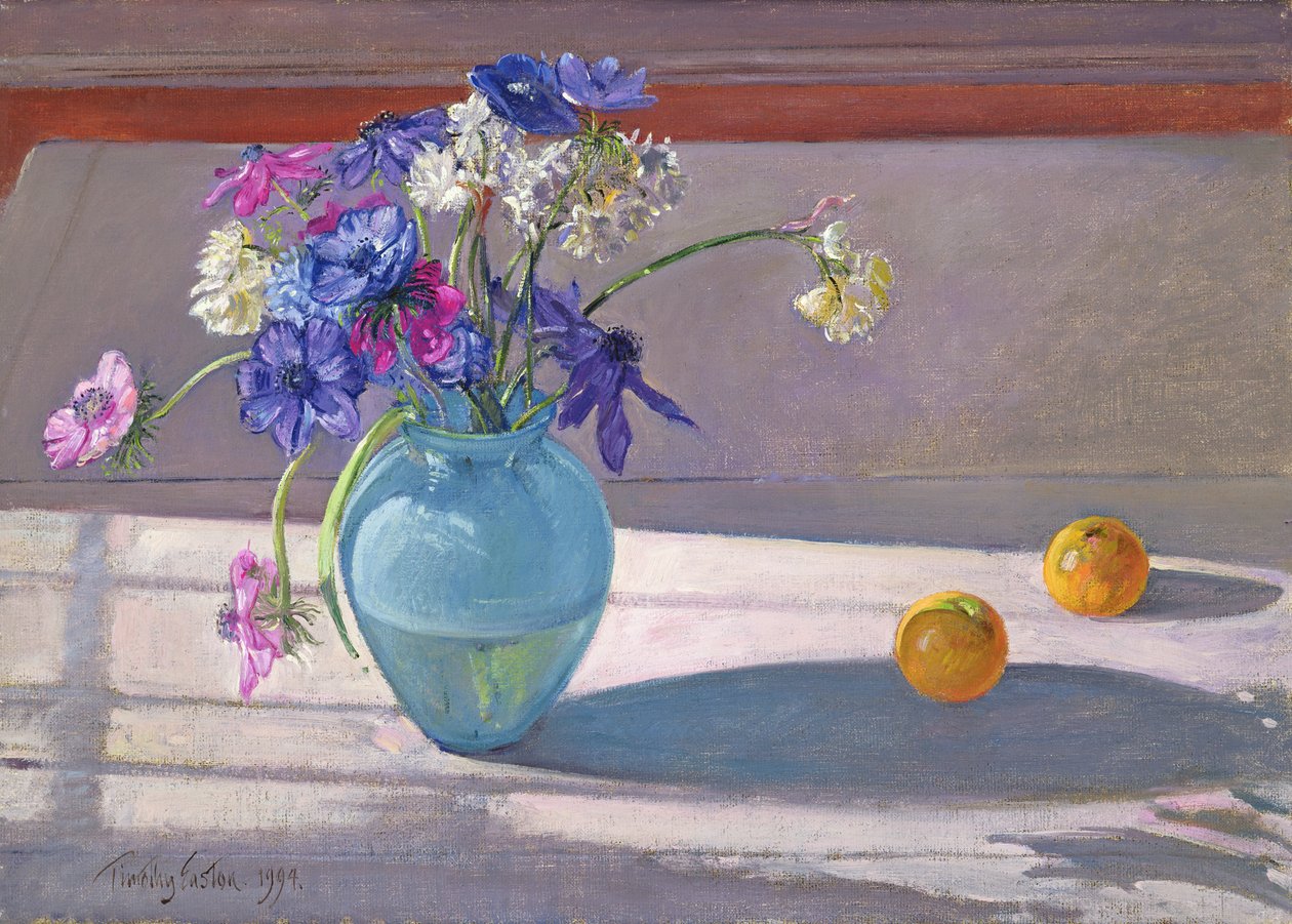 Anemones and a Blue Glass Vase by Timothy Easton