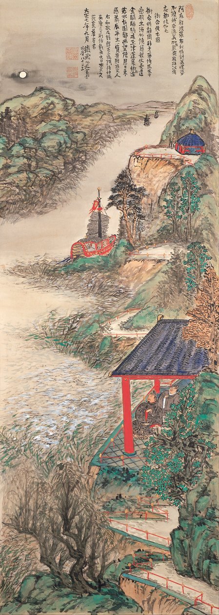 Abe-no-Nakamaro Writing Nostalgic Poem While Moon-viewing by Tomioka Tessai