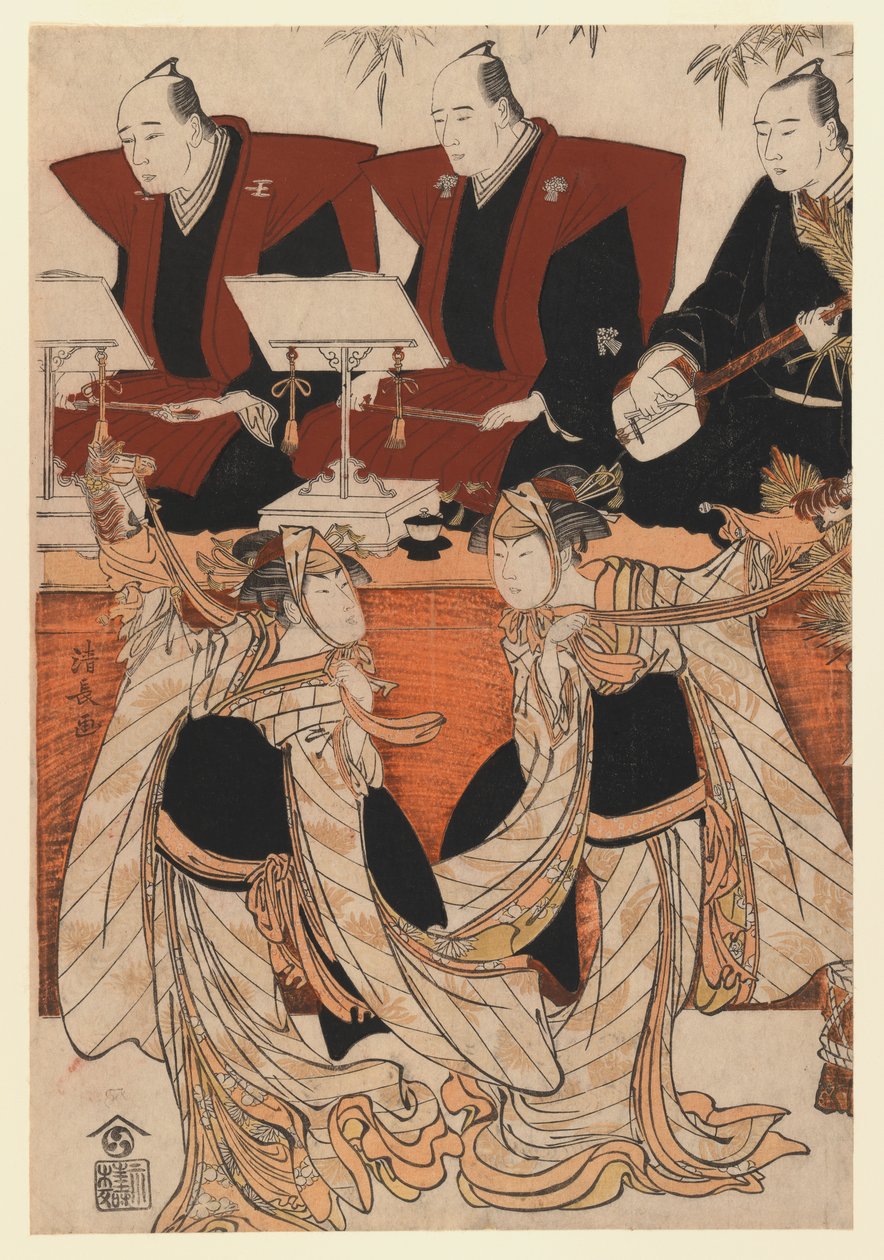 Two actors as Iwai Hanshiro IV and Segawa Kikunojo III in the Karukoma dance, accompanied by Joruri recitation by Torii Kiyonaga