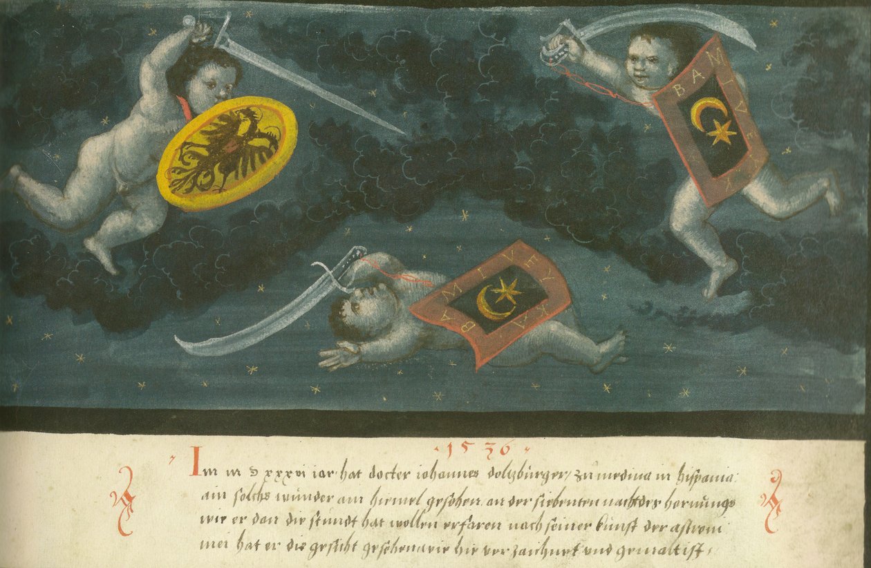 Augsburg Book of Miracles — Folio 134 Sky Battle of Three Children 1536 by Unbekannt Unbekannt