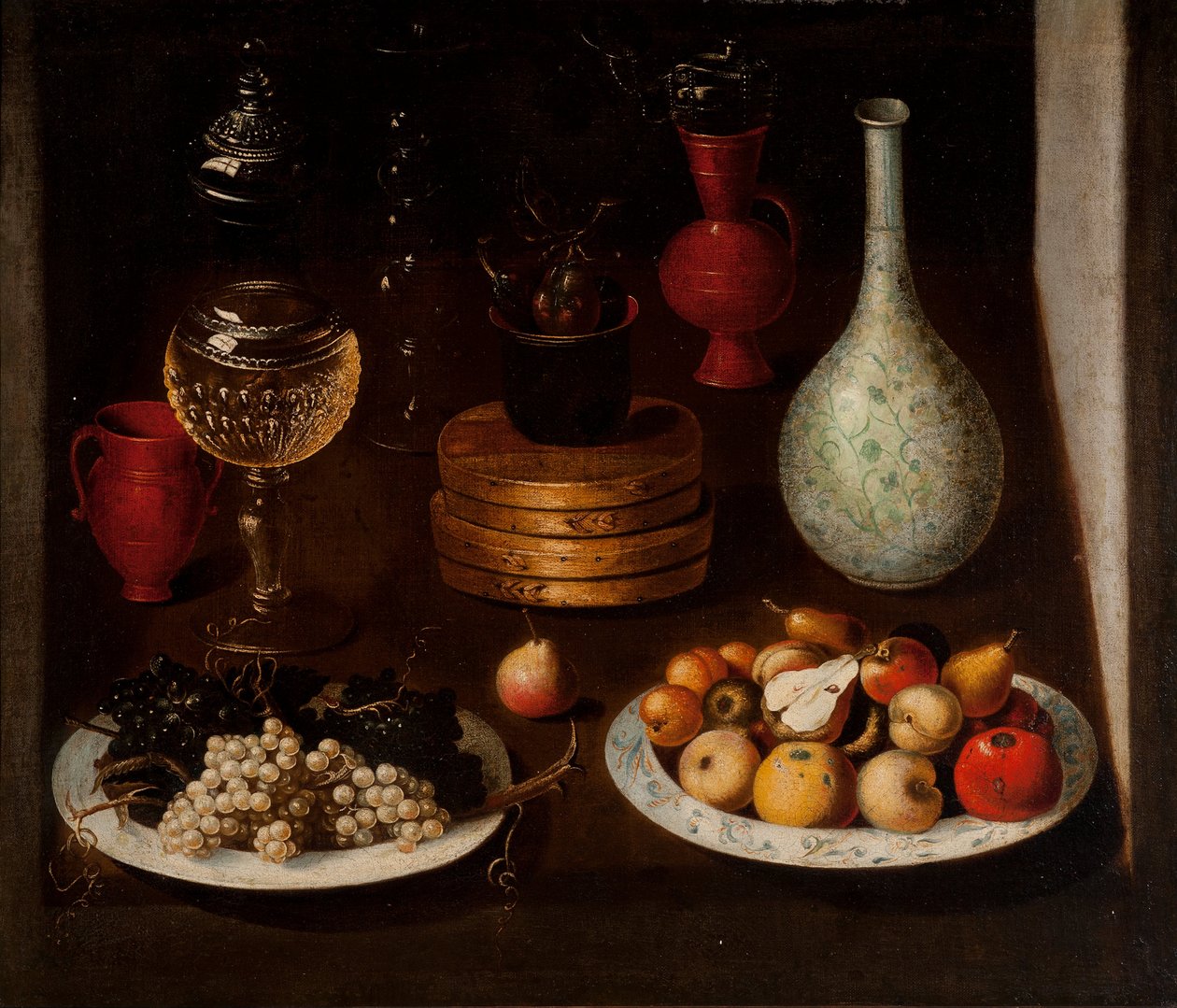 Fruit Bowl with Plates of Grapes and Pears, Glass and Clay Vessels by Unbekannt Unbekannt