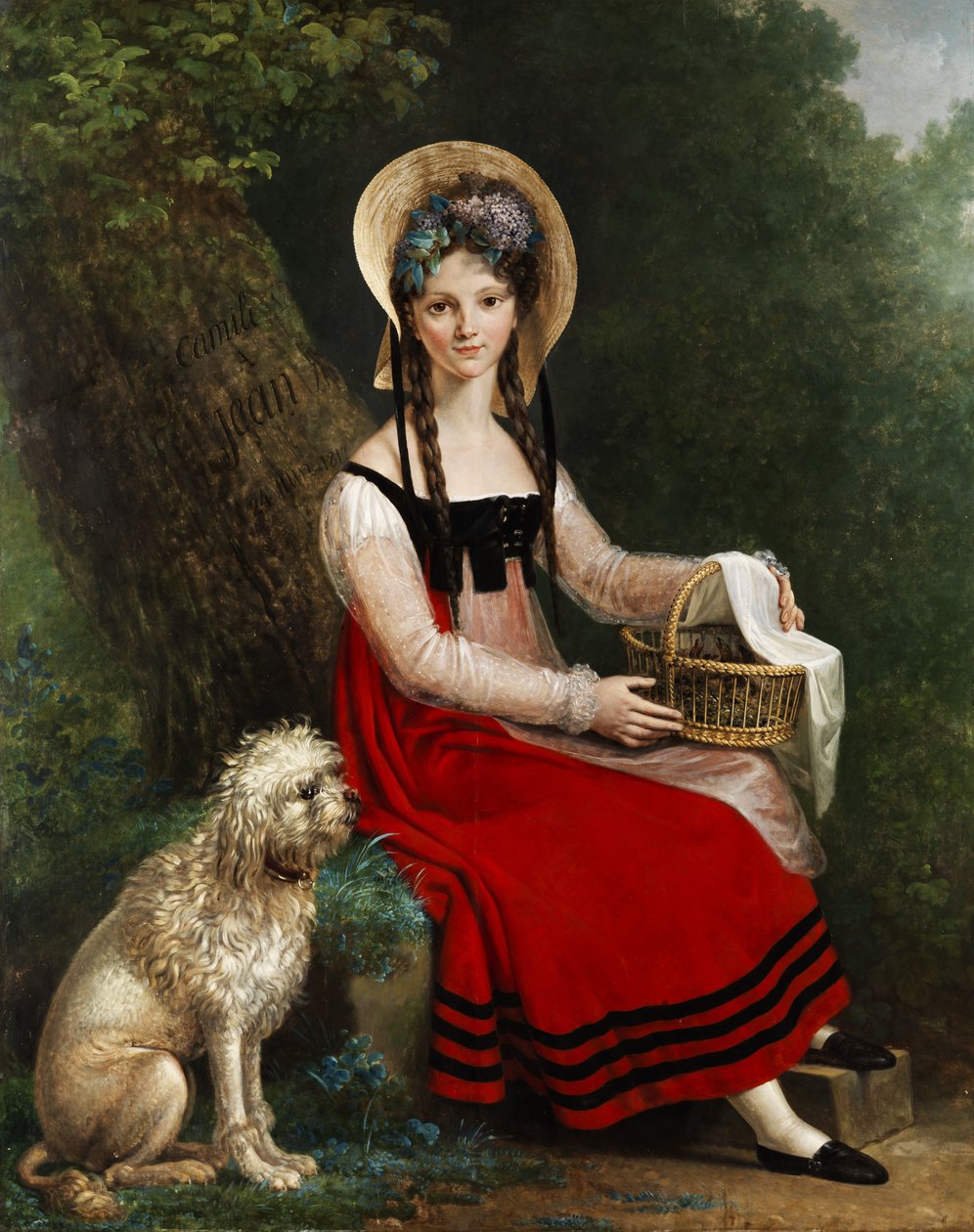 Young Girl with Poodle on a Lawn Bench by Unbekannt Unbekannt