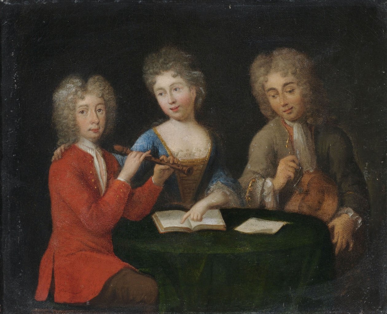 Music Lesson. Two Men and a Woman Making Music with Flute and Hurdy-Gurdy by Unbekannt Unbekannt