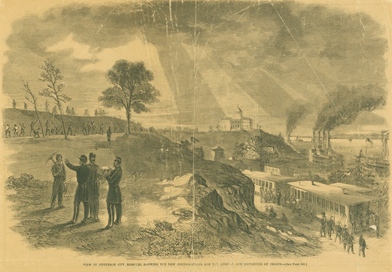 View of Jefferson City, Missouri, Showing the New Fortifications, and the Arrival and Departure of Troops by Unbekannt Unbekannt