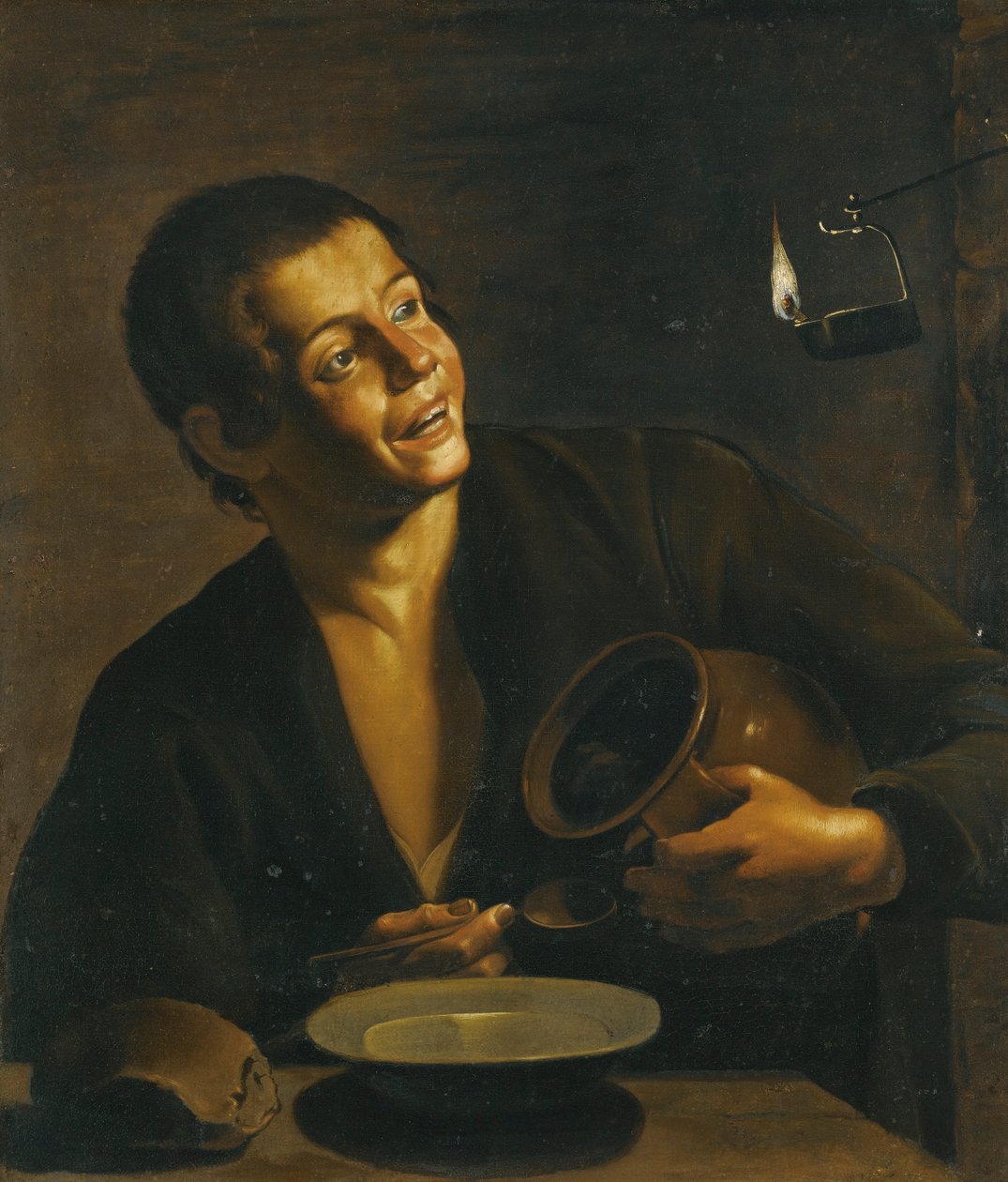 A Young Man Eating by the Light of an Oil Lamp by Unbekannt Unbekannt