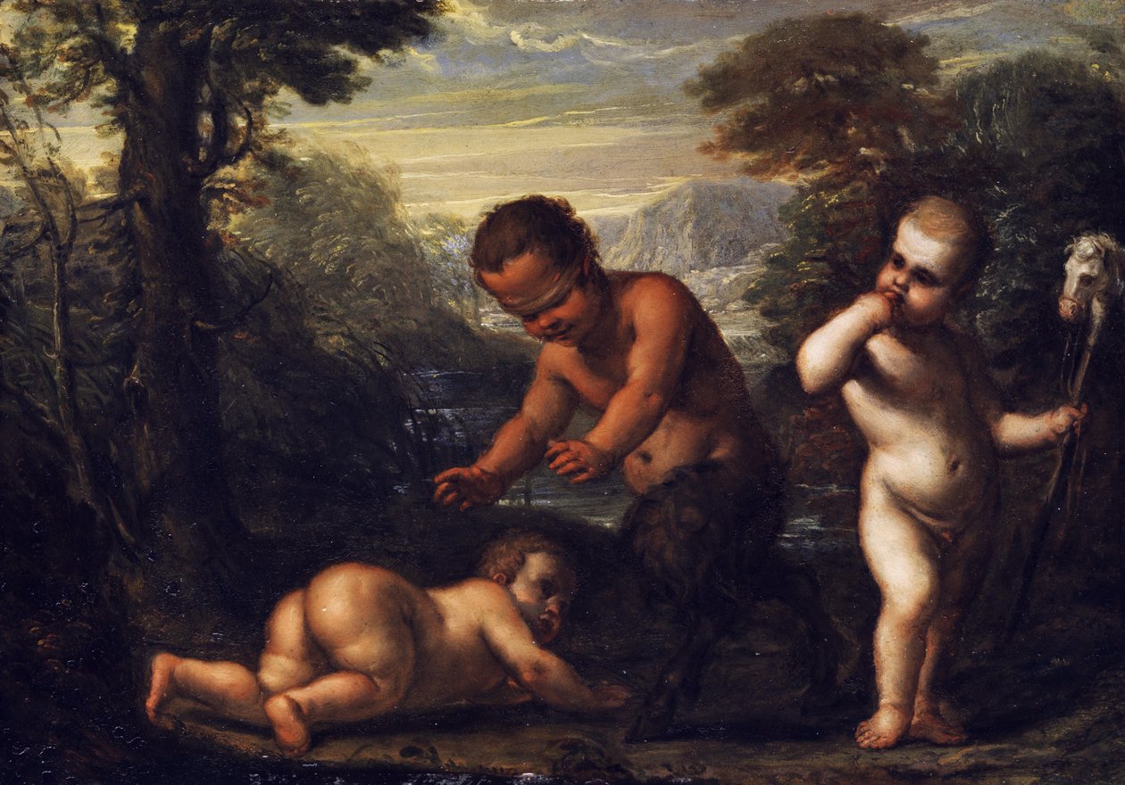 Boy with Blindfold Playing with Two Children by Unbekannt Unbekannt