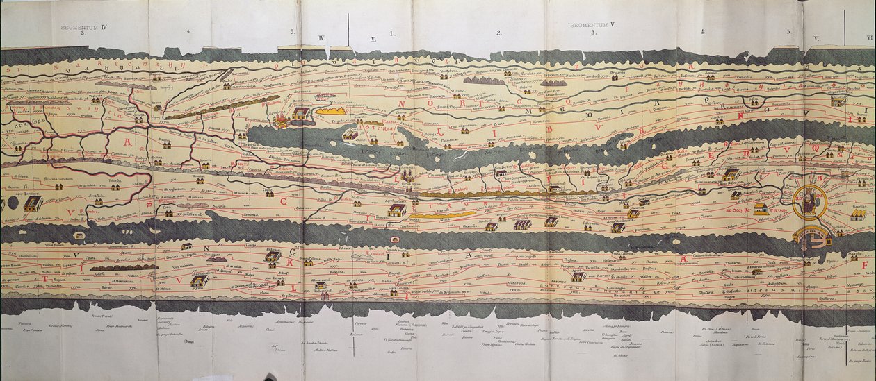 Part of the Tabula Peutingeriana, an illustrated itinerarium of the road network in the Roman Empire. Detail of Italy from the Peutinger map copy by Unbekannt Unbekannt