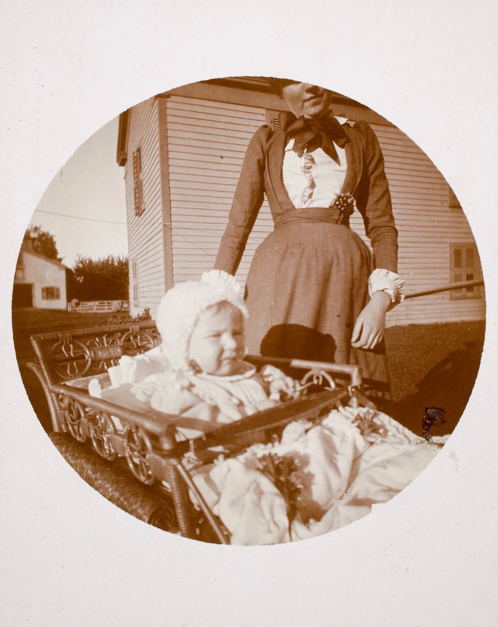 Baby in Carriage, Woman Standing Behind by Unbekannt Unbekannt