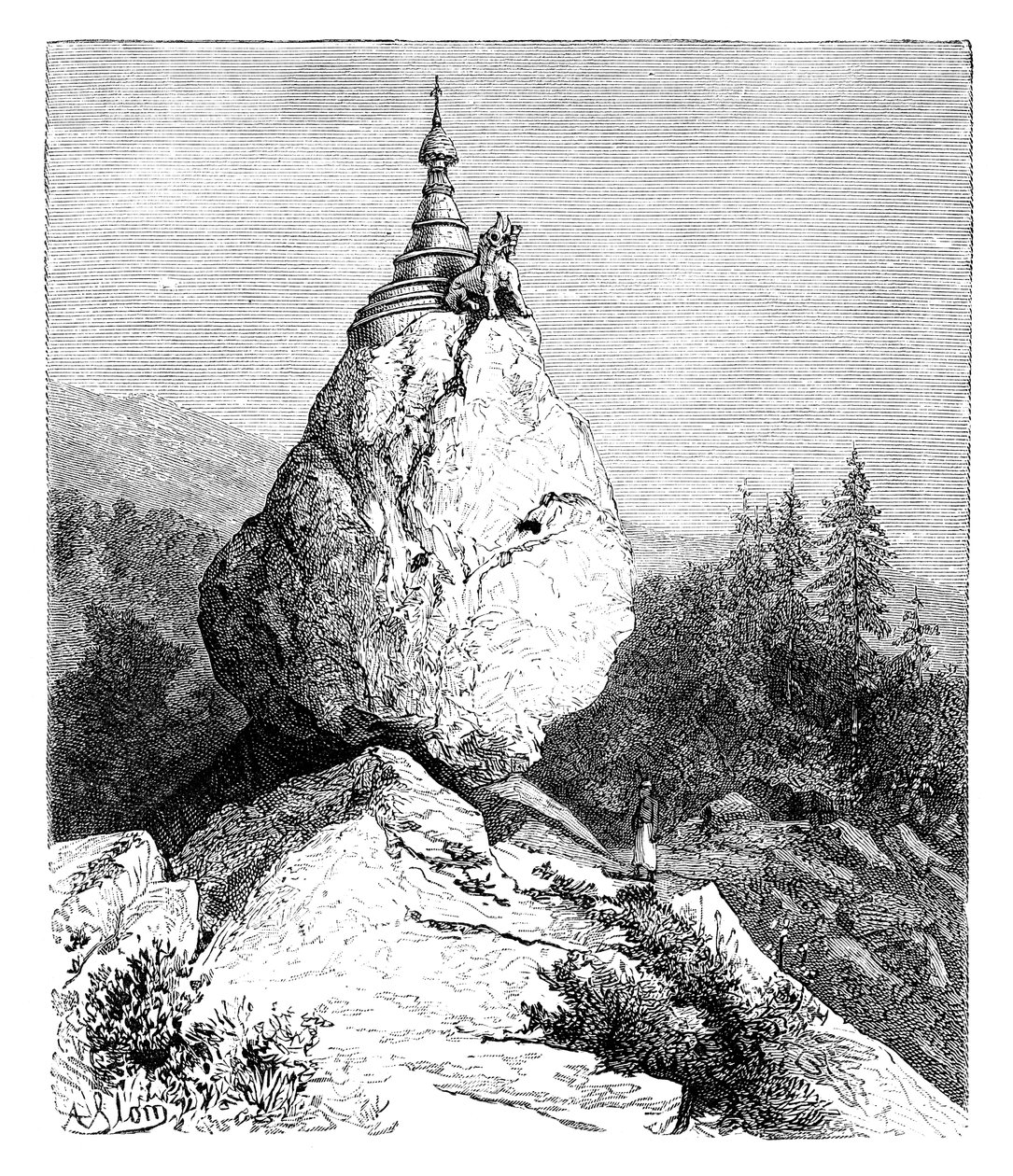 A pagoda atop a boulder by Unbekannt