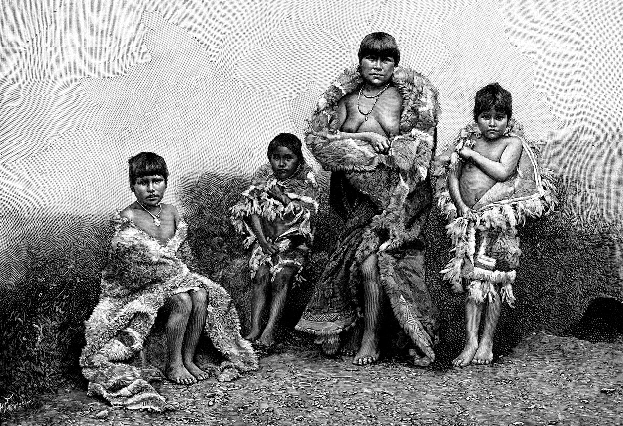 Alakaluf Fuegians, Dressed in Guanaco Skins, Chile by Unbekannt