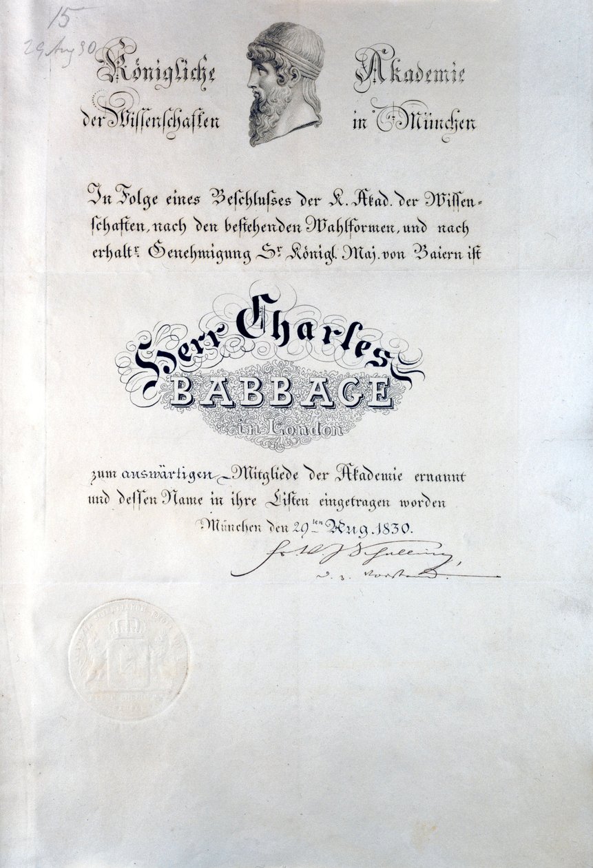 Babbage Diploma from Konigliche Akademie der Wissenschaften Munchen by Unbekannt