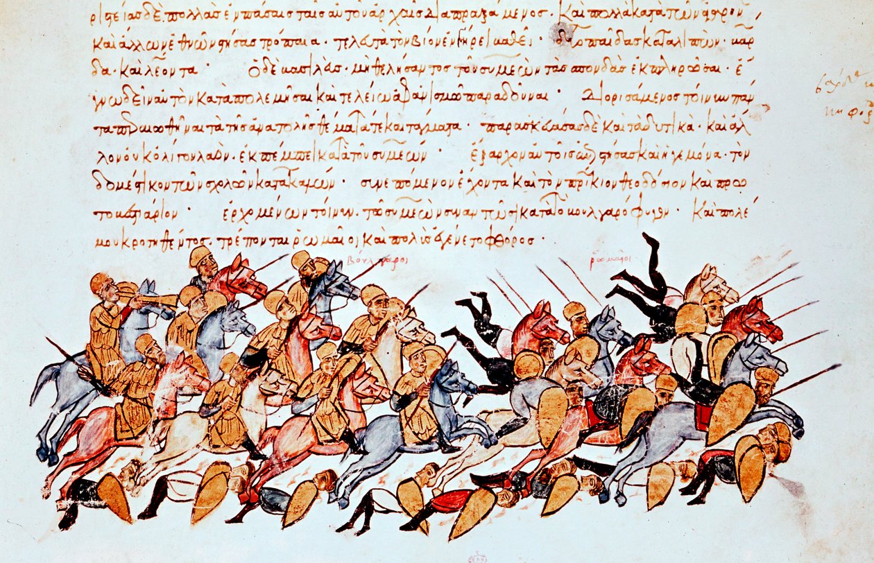 Byzantine cavalrymen overwhelming enemy cavalry and foot soldiers by Unbekannt