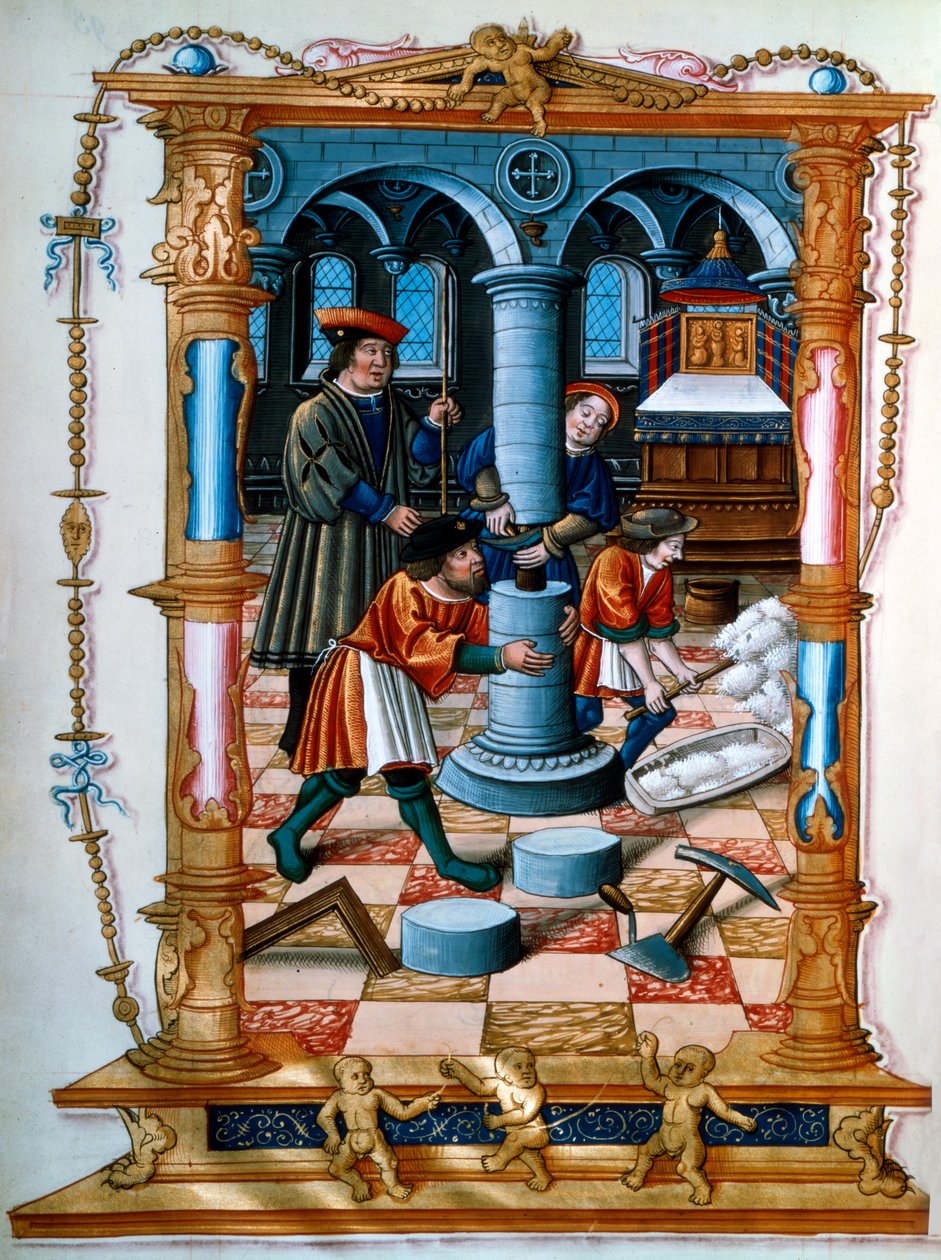 Masons building a pillar in a church by Unbekannt