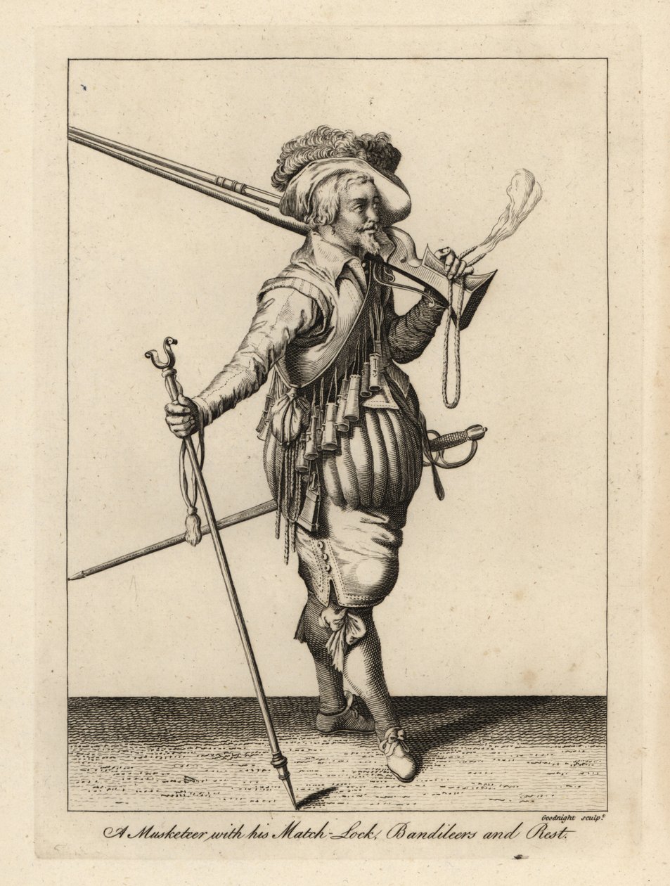 Musketeer with his matchlock, bandileers and musket rest by Unbekannt