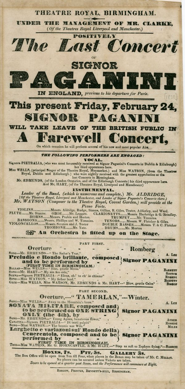 Niccolo Paganini - Playbill by Unbekannt