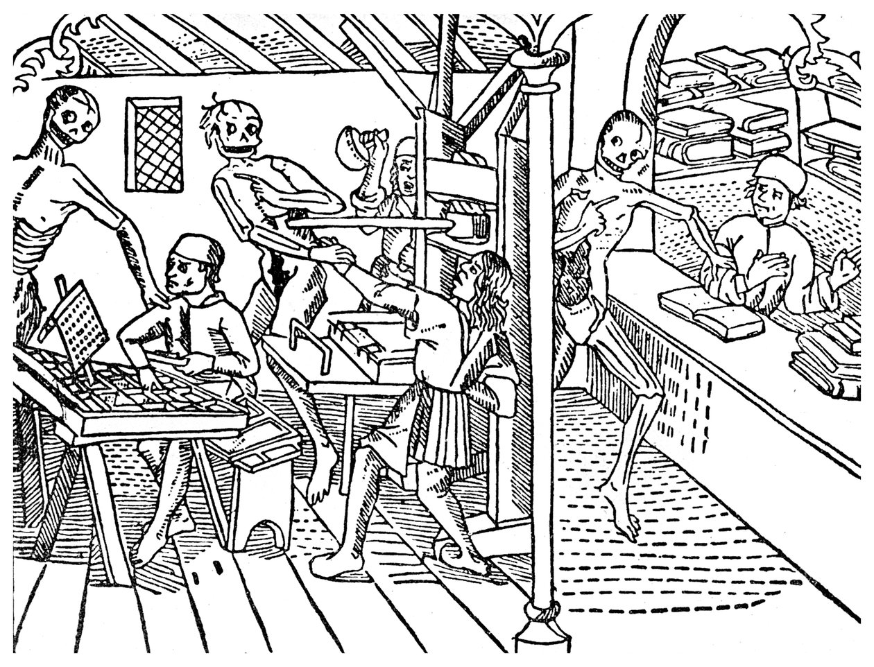 Printworkers harassed by skeletons by Unbekannt