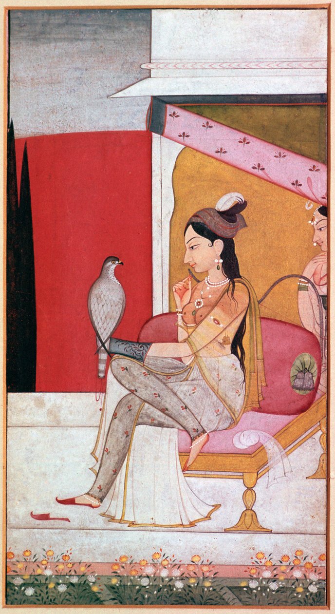 Punjabi illustration of a lady with a hawk by Unbekannt