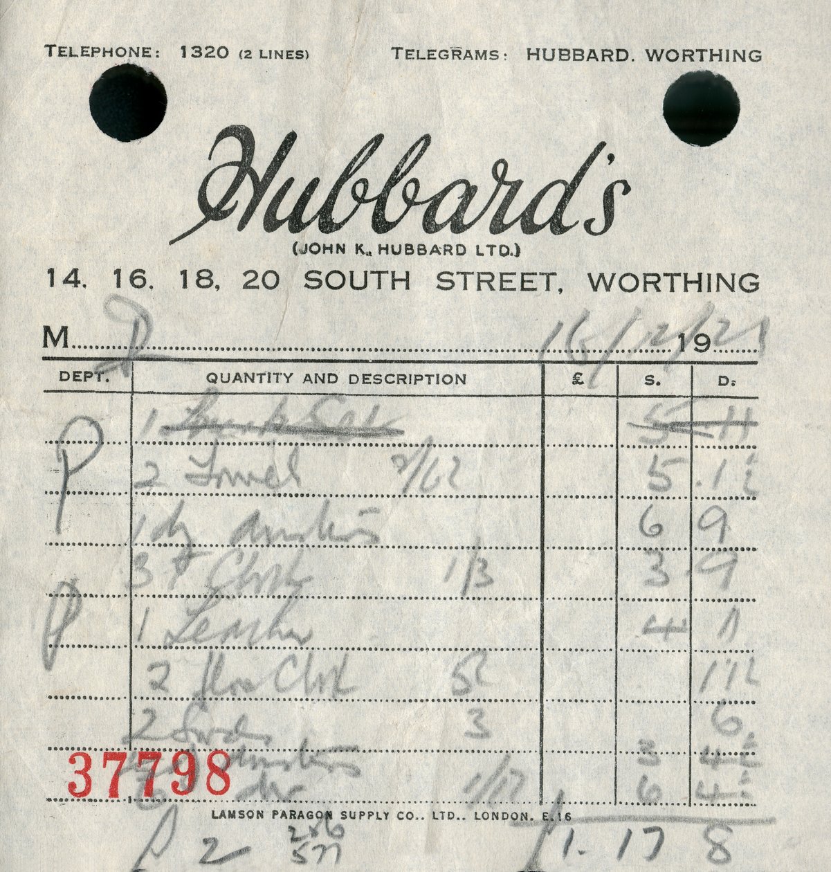 Receipt from Hubbards department store by Unbekannt
