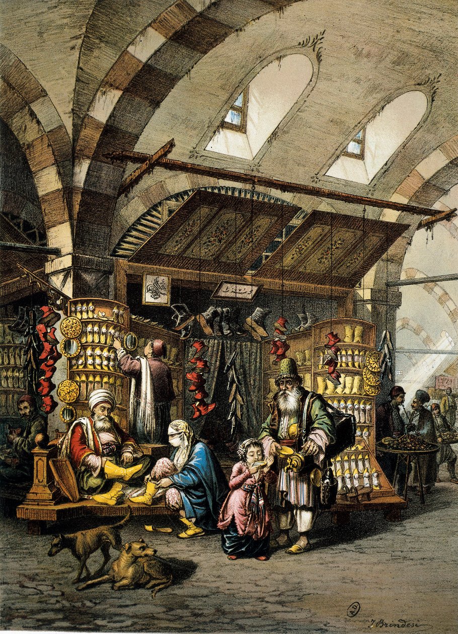 The Bazaar of Constantinople, colour lithograph by Unbekannt