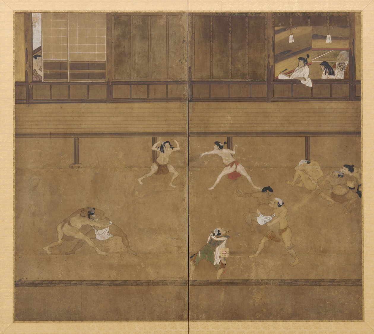 Two-panel screen depicting wrestlers by Unbekannt