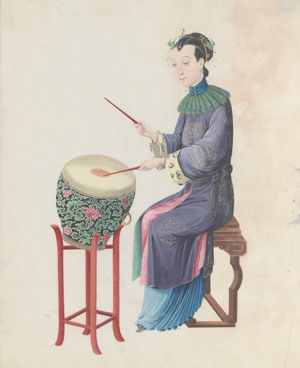 Watercolour of Musician Playing Drum by Unbekannt