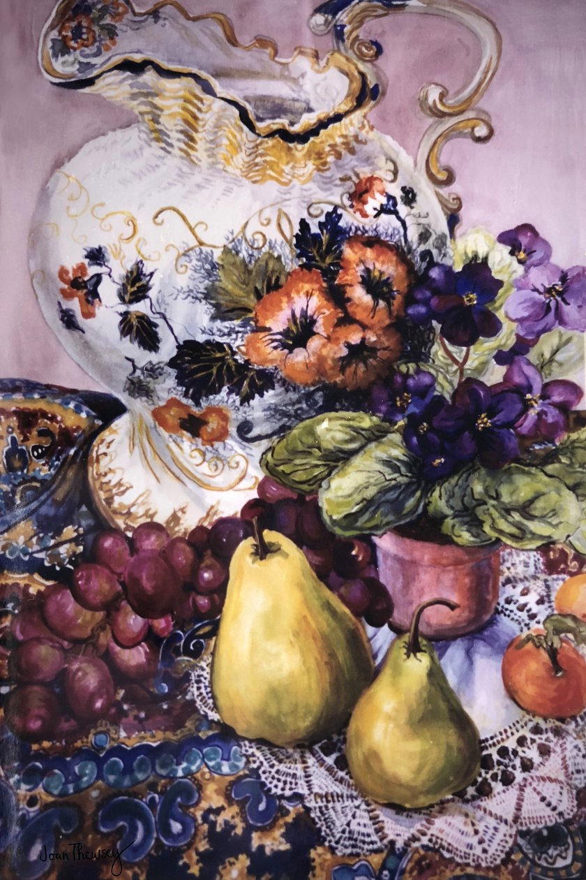 African Violets with Victorian Jug and Pears by Unbekannt Unbekannt