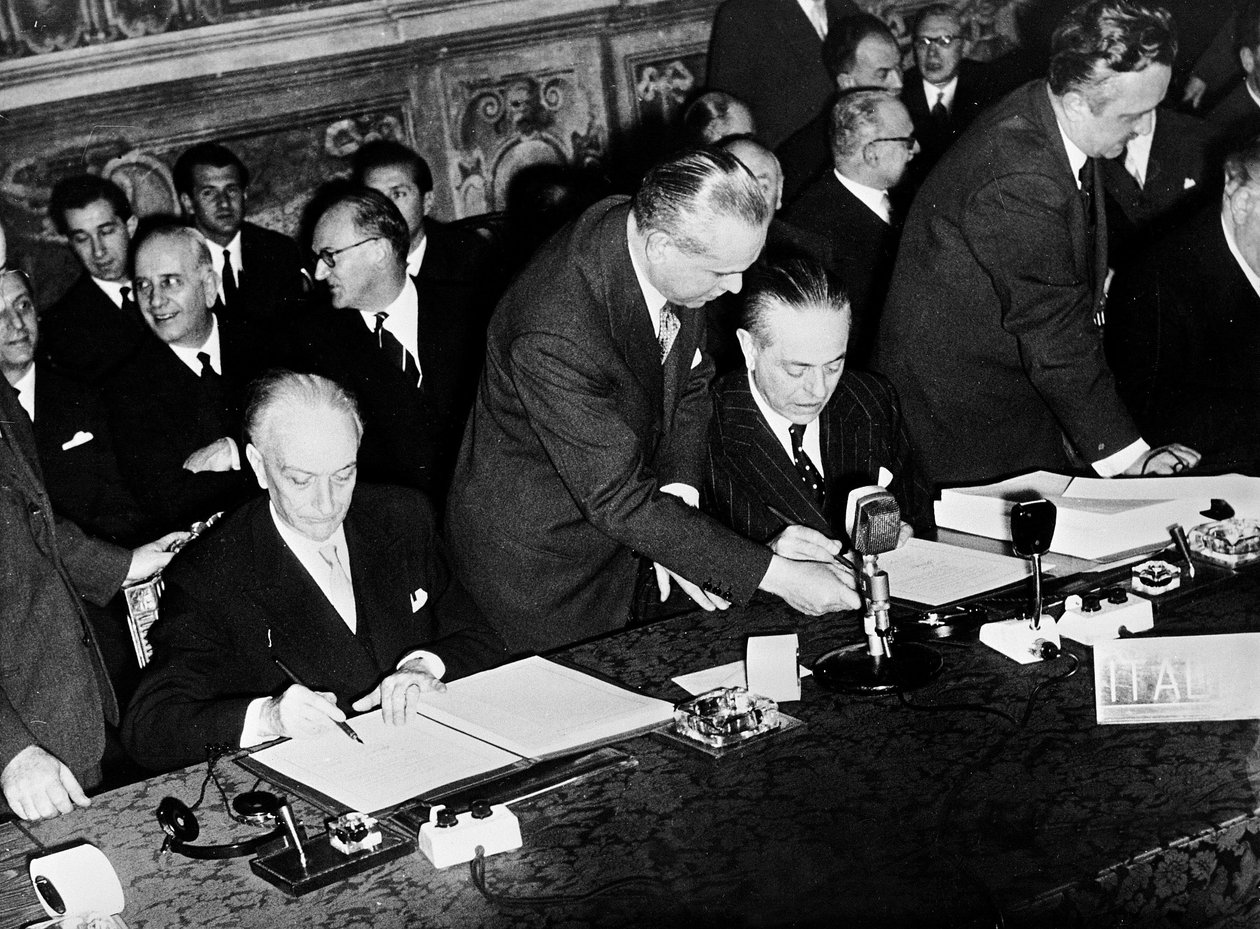 Antonio Segni and Gaetano Martino Signing the Treaties of Rome, Establishing the European Economic Council by Unbekannt Unbekannt