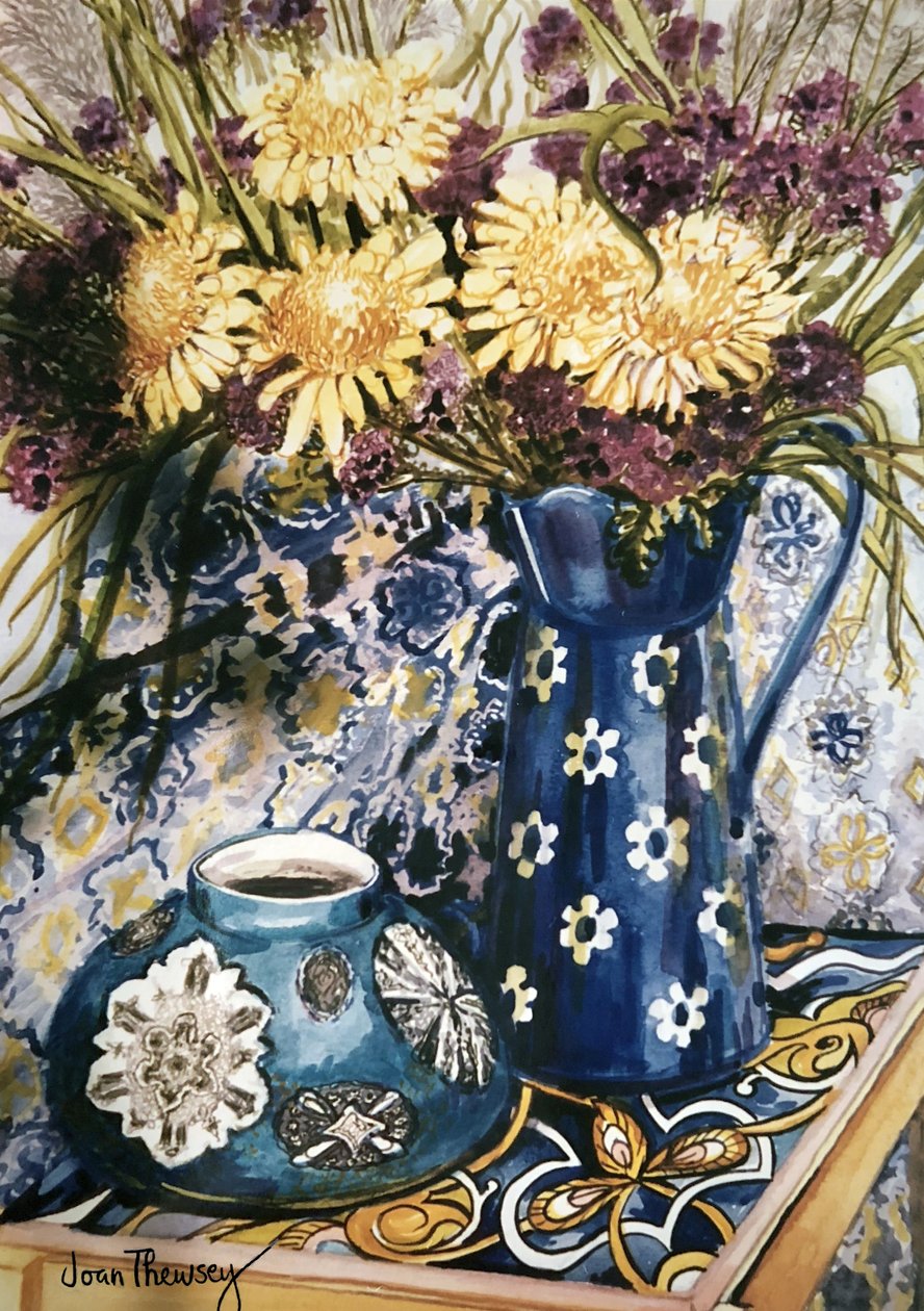 Blue against Blue - Chrysanthemums and Blue Enamel Jug on an Italian Tile by Unbekannt Unbekannt