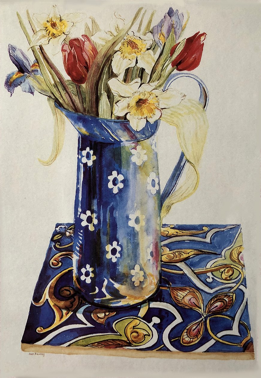Tulips, Iris and Narcissus in a Blue Enamel Jug with an Italian Tile by Unbekannt Unbekannt