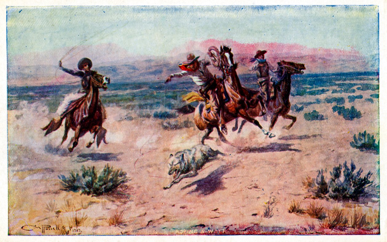 Cowboys on horseback roping a wolf by Unbekannter Künstler