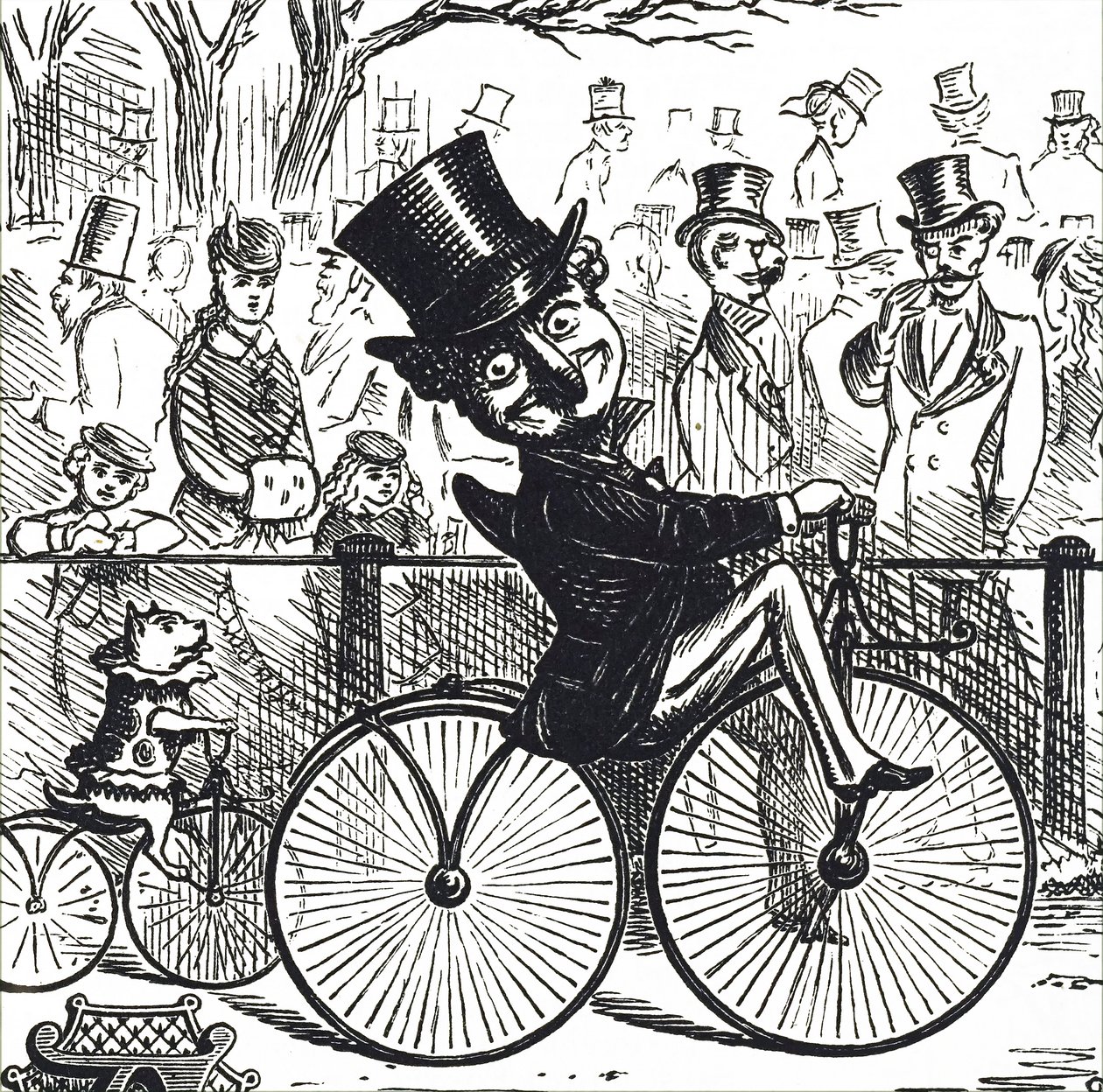 Mr Punch and Dog Toby riding boneshakers by Unbekannt