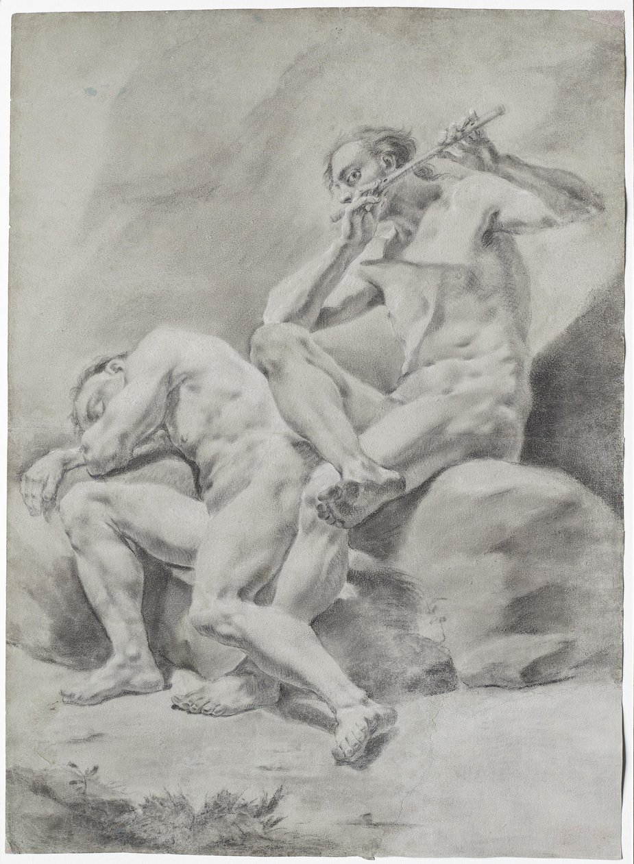 Two Naked Men, Sleeping and Playing Flute by Unbekannter Künstler