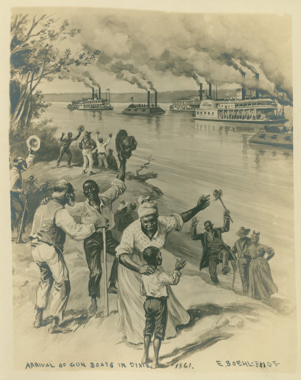 People Celebrating on the Shore of a River with a Fleet of Gunboats by Unknown