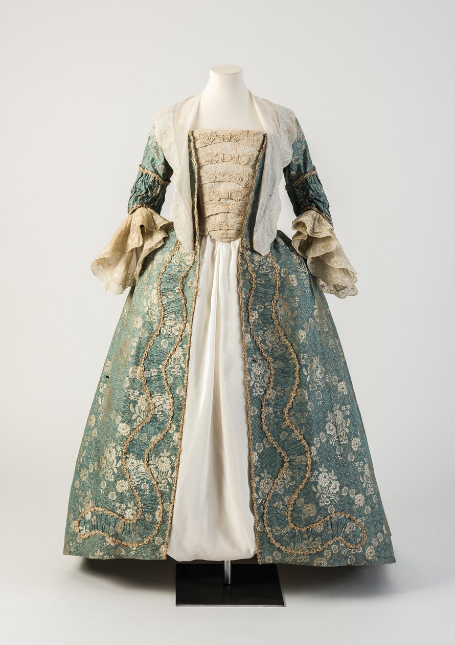 Blue and cream woven silk open robe with ruched robings, 1750s by Unbekannt Unbekannt