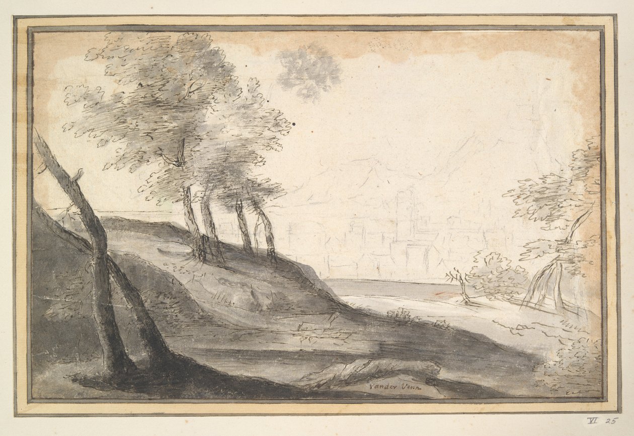Mountainous landscape with trees and city in distance by Unknown