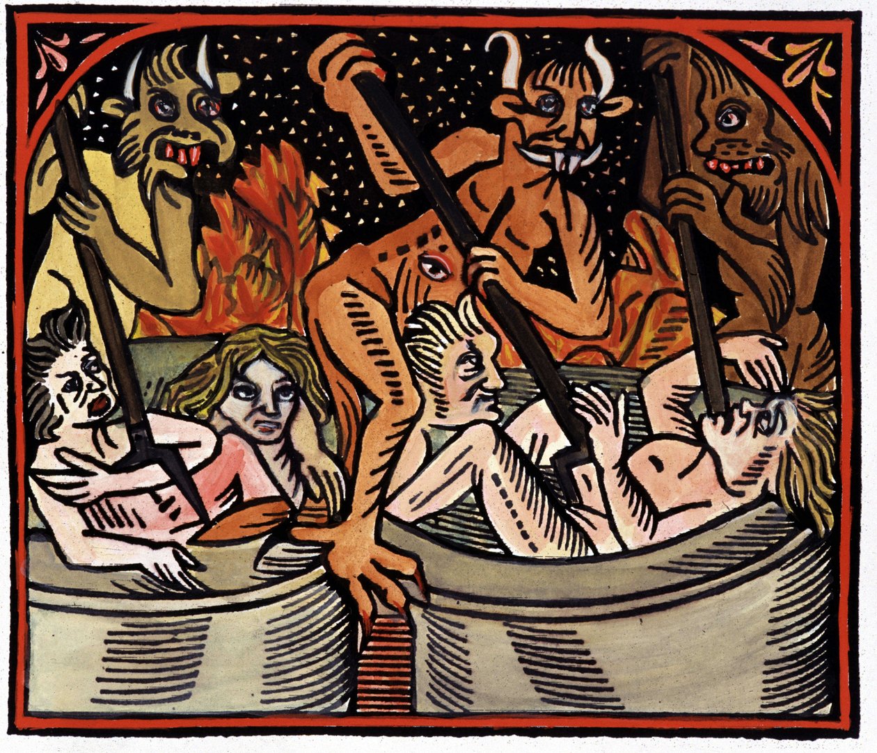 Devils cooking men in cauldrons in hell by Unknown artist