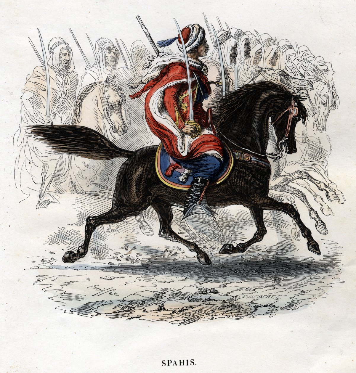 Horseback Spahis. Engraving from 1844. by Unknown artist