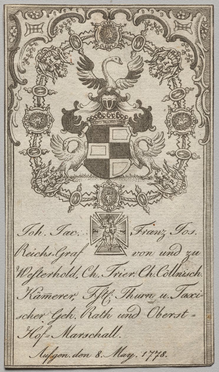 Bookplate: Johan. Jac. Franz-Joseph, Reichs-Graf von Westerhold by Unknown artist