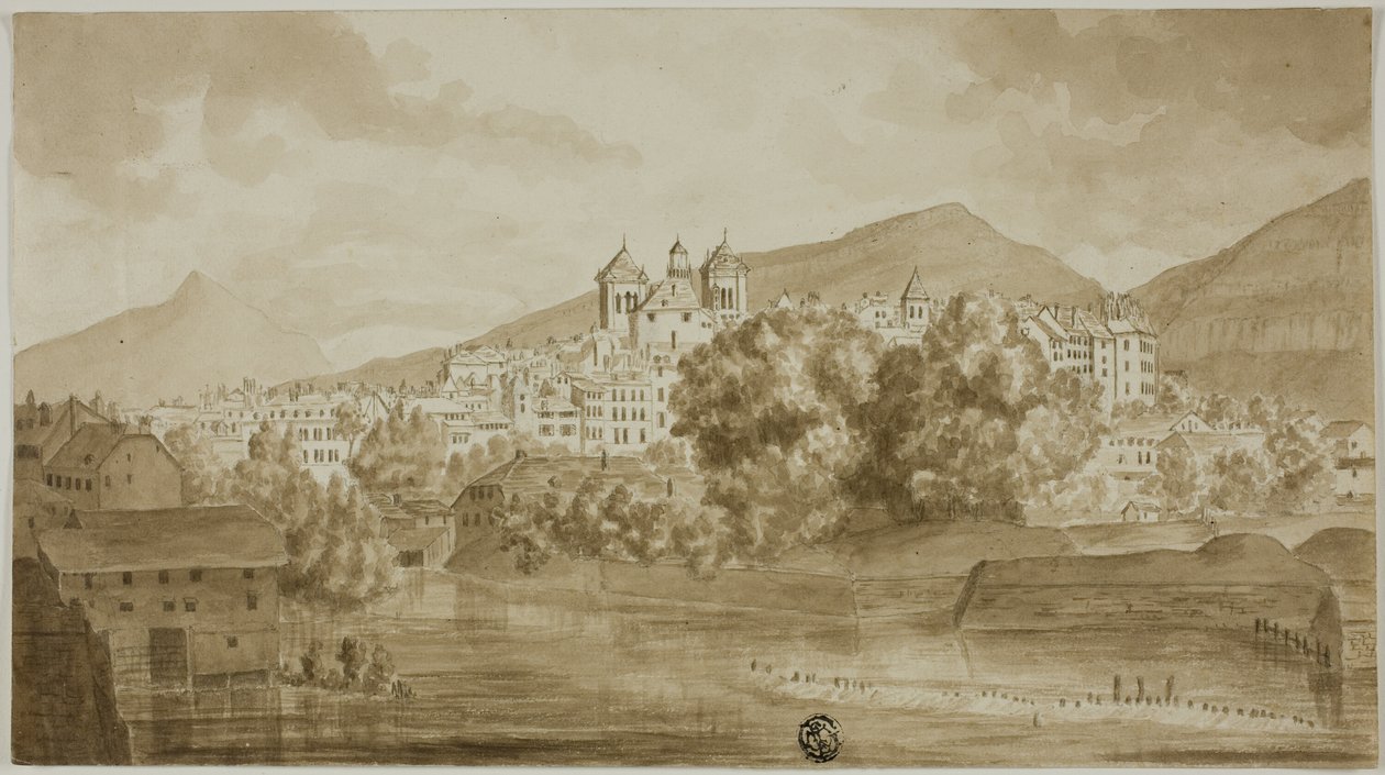 View of Town Overlooking River by Unknown artist