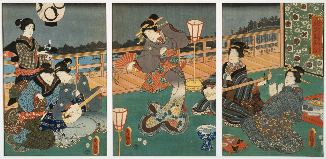 Courtesans Entertaining, triptych by Utagawa Kunisada